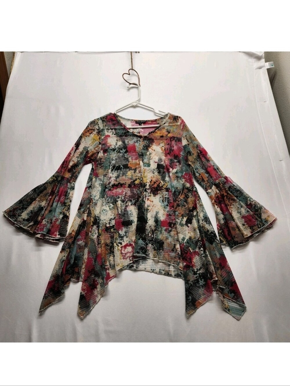 ⭐️Dor Dor Couture Whimsigoth Abstract Mesh Bell Sleeve Sharkbite Tunic Top Small